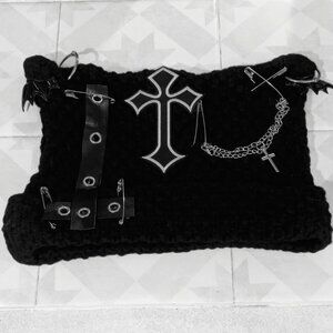 Gothic Black Cat-Eared Beanie w/ Cross, Chains & Bat Hardware